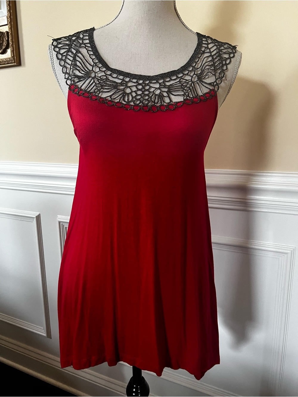 Deep Red Fishtail Tank top with Metallic charcoal gray lace crocheted collar.